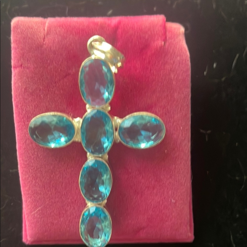 London Blue Topaz 6 Gemstone Cross pendant with Elegant Design - Picture 2 of 7